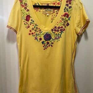 Johnny Was Yellow Puff Sleeve Embroidered T-Shirt